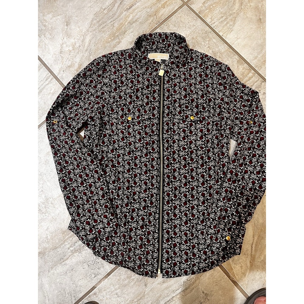 Michael Kors Full Zip Top Collared Blouse Black Red Floral Sleeve Small Bloomcor